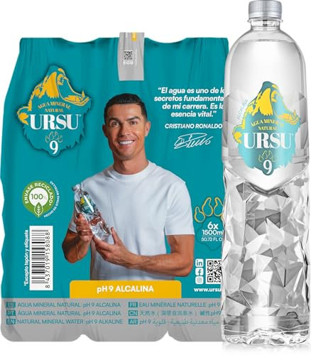 Ursu9 Natural Alkaline Mineral Water - 6 x 1500ml | Ph9 | Naturally High in Calcium | Enhanced Hydration & Muscular Recovery | Supports Dental Health, Heart & Diabetes Care | CR7 Inspired