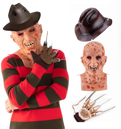 Claofoc Freddy Krueger Kostüm Halloween 4-teilig Horror Freddy Pullover mit Maske Claw Hat Handschuhe On Elm Street Freddy Krueger Kostüm für Erwachsene Cosplay (L)