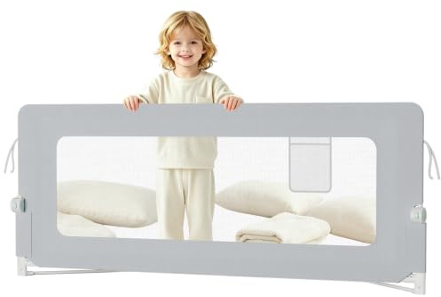 Froadp Barrera de cama para niños, protección contra caídas, cama infantil, rejilla plegable, protección para cama y cuna para niños, protección contra caídas para cama infantil (Gris claro, 150 cm)