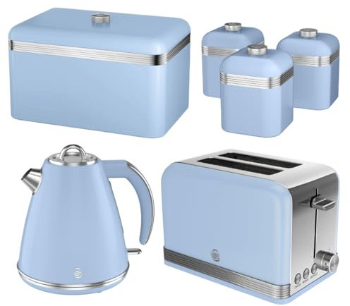 Swan Retro Matching Kitchen Set, Jug Kettle, 2 Slice Toaster, Bread Bin, Tea Coffee Sugar Canisters in Blue