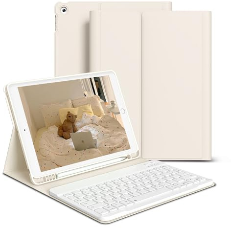 GKABXY hülle mit Tastatur für iPad 9/8/7 Generation 10,2, 2021/2020/2019 | weiche TPU Rückseite Gehäuse mit Stifthalter, Magnetische Abnehmbar Kabellose Bluetooth Tastatur, QWERTZ-Layout, Cremeweiß