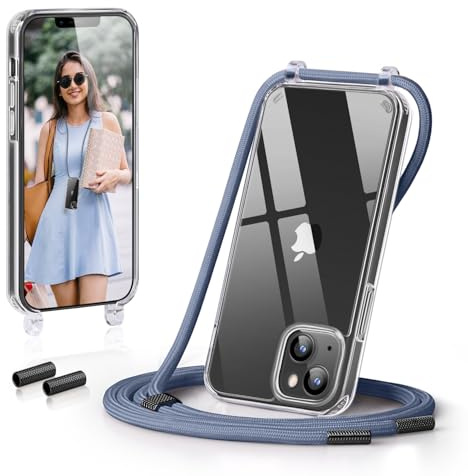 GOODVISH Coque Transparente pour iPhone 13 avec Cordon de Collier, Etui TPU Bumper avec Cordon Réglable, Téléphone Lanyard Case Protection Complète [Deux Autres Noix sont Incluses], Bleu Foncé