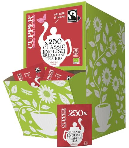 Cupper - Pack de 250 Bolsitas de Té Negro Ecológico English Breakfast - Apto para Veganos - Propiedades Estimulantes - Ayuda a Disminuir el Cansancio y la Fatiga