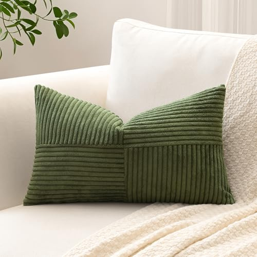 Sungeek 1 Stück Cord Kissenbezug, Kreuz Streifen Muster Kordsamt Kissenbezüge Sofakissen Dekokissen Patchwork Design Deko Zierkissenbezüge Kissenhülle für Wohnzimmer (30x50cm, Olivengrün)