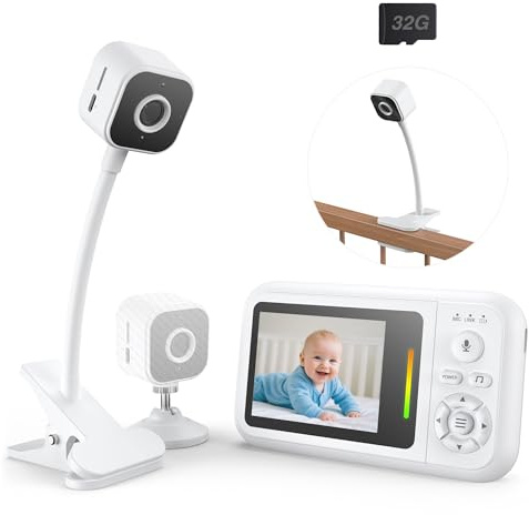 Babyphone Camera con Clip e Supporto per Letto, 1080P Camera Bebe Monitoraggio senza WiFi, Visione Notturna, Audio Bidirezionale, Rilevamento Pianto, Scheda 32G, Facile da installare, Regalo Nascita