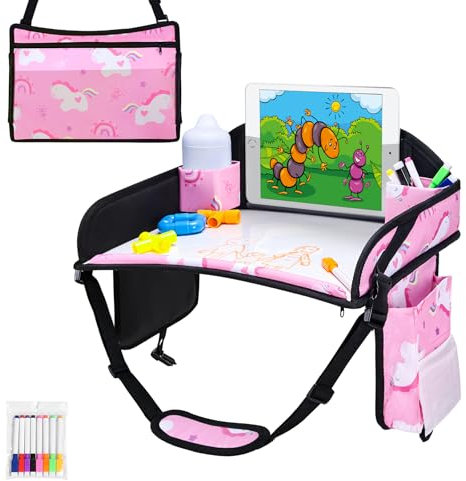 WENRENER Kids Travel Tray, Travel Tray for Kids Car Seat, Toddler Car Seat Lap Tray, Carseat Tray for Kids Travel, Carseat Table Tray for Kids Travel Activities (Pink)