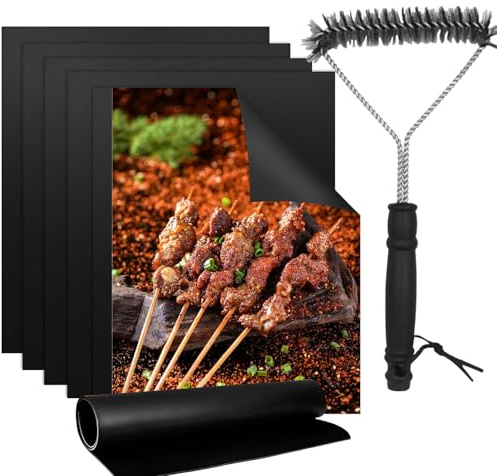 Lot de 5 Tapis de Barbecue pour Gaz, Tapis de Cuisson BBQ pour Charbon, Tapis de Four Antiadhésif Réutilisable avec Brosse de Nettoyage, Découpable, pour Barbecue à Gaz, Charbon et Four