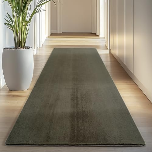 Carpettex Läufer Teppich Grün 80x250 cm- Kurzflor Teppich Waschbar, weich & rutschfest, modernes einfarbiges Design für Schlafzimmer, Küche & Flur
