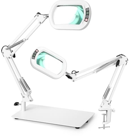 Veemagni 10X Rectangle Magnifying Glass with Light and Stand, 5 Color Modes Stepless Dimmable, 2-in-1 LED Lighted Desk Lamp & Clamp, Hands Free Magnifier for Reading Crafts Painting Close Work White