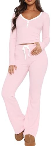 LACOZY Langärmeliges Damen-Pyjama-Set, 2-teilig, bauchfreies Oberteil und Hose, V-Ausschnitt, Farbblock, Tank-Top, Lounge-Outfits