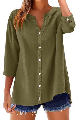 Rapbin Ladies Blouses 3/4 Sleeve Button Down Shirts V Neck Cotton Linen Top Loose Fit Roll Up Sleeves(Army Green,M)