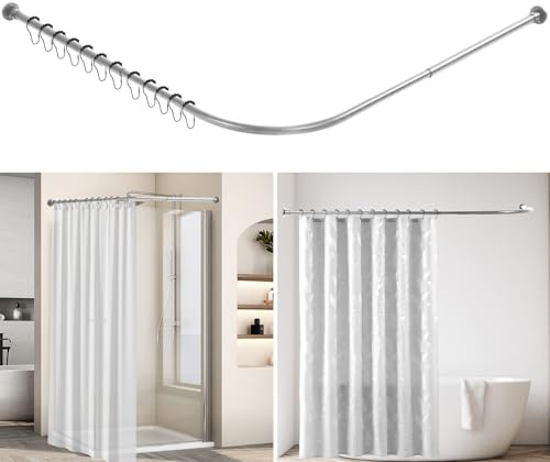 L Shaped Shower Curtain Rail, Extendable Shower Curtain Pole, Stainless Steel Curved Curtain Pole, Shower Curtain Rod with 12 Hooks for Bathroom Bathtub (Silver, 68-98cm x 192-222cm)