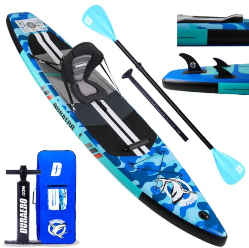 Tavola gonfiabile da Stand Up Paddle, 330 x 76 x 15 cm, portata fino a 150 kg, supporto per cam, 3 pinne, doppia pagaia regolabile, accessori completi, blu mimetico