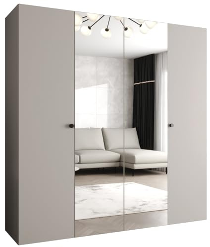 MEBLE KRYSPOL - Kleiderschrank - Garderobenschrank - 200 cm x 202 x 52 cm - Schrank mit Kleiderstange und Spiegel, 4 Türen - für Schlafzimmer, Flur - Parma, Kaschmir, Griff Schwarz