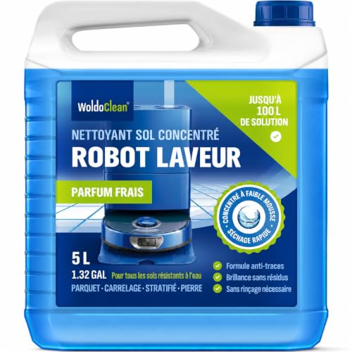 WoldoClean Produit Nettoyant Robot Laveur Bidon 5L - Détergent Sol | Compatible avec Roborock, Dreame, Ecovacs, Tineco, concentré station