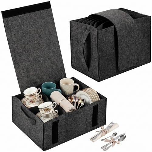 2 Pack Plate Cup Storage Box, Felt Camping Dinnerware Organiser with Side Sturdy Handles Portable Plate and Cup Storage Container for Motorhome Accessories, Campervan Kitchen Cupboard(Dark Grey)