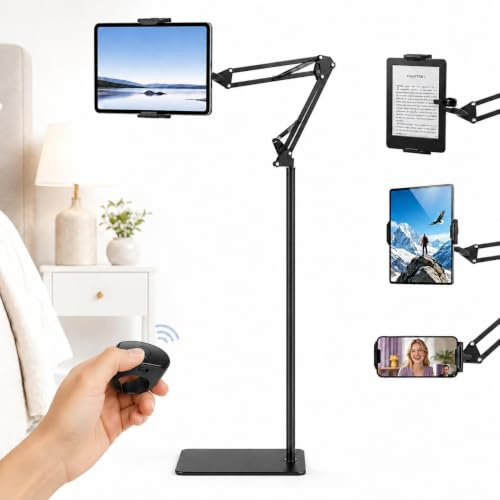 uifame Tablet Floor Stand with Remote Page Turner, Kindle Stand, 39” -69” Height Adjustable iPad Stand for Reading in Bed, 360° Rotating Holder for Kindles Tablets iPhones and 5.5” -10” Devices