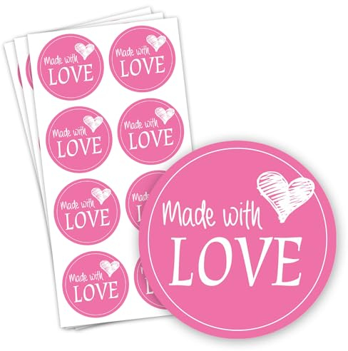 48 Aufkleber Made with love pink I Mit Liebe selbst gemacht I Ø 4 cm I Marmeladen-Sticker Geschenk-Aufkleber Geschenk-Tüten Plätzchen-Tüten I dv590