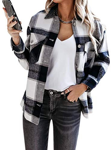 Tomwell Veste à Carreaux Femme Surchemise en Laine Chemise Décontracté Oversized Blouse A Noir M