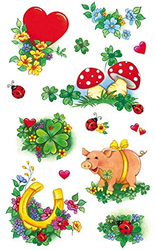 bsb Sticker - Aufkleber mit Glückssymbolen - 3 Stickerbögen in 7,8 x 12,5 cm - kleine Aufkleber mit Hufeisen, Schwein und Kleeblättern