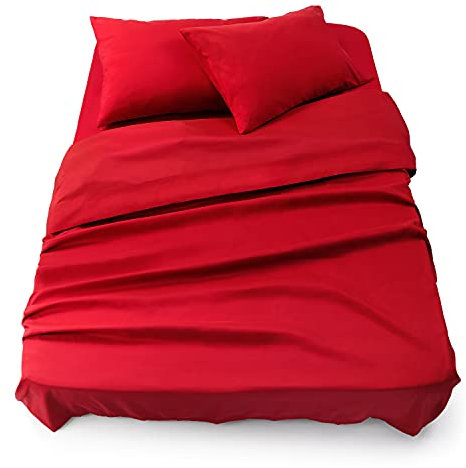 Blumtal® Bettlaken Set 3-teilig - Oeko-TEX zertifiziertes 3er Set - Spannbettlaken 150x200x30cm + Bettlaken ohne Gummizug 240x275cm + 2X Kissenbezug 50x80cm - Bettlaken & Kissenbezug Microfaser - Red