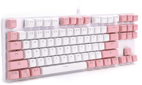 Goshyda Tastiera Meccanica, 87 Tasti USB cablati Luce Mista con Pulsanti multimediali, per Laptop Desktop(Bianco con Rosa)