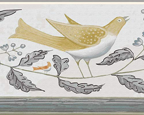 Dundee Deco DDAZBD9018 Peel and Stick Wallpaper Border - Kids Mustard Yellow Birds on Vine Wall Border Retro Design, 15 ft x 7 in (4.57m x 17.78cm), Self Adhesive
