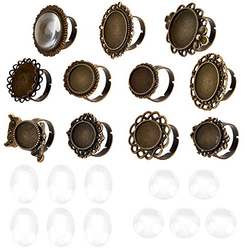 SUNNYCLUE 1 Box 11 Stile Verstellbare Blanko-Blumen-Cabochon-Ringfassungen Runde Ovale Blanko-Ringe Mit 11 Stück 20 mm Klarglas-Cabochons Für Die DIY-Ringherstellung, Antik Bronze