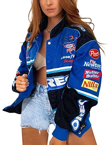 ORANDESIGNE Bomberjacke Damen Sweatjacke Ladies College Sweat Jacket Reißverschluss Für Frauen Oversized Patchwork Jacke Vintage Druck Jacken Baseball Mantel Sport Jacke A Blau L