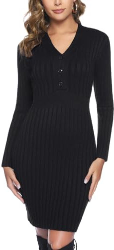 Wayleb Robe Pull Hiver Col en V Robe Pull Femme Chic Élégant Sexy Moulante Robe en Tricot à Manches Longues Automne Hiver pour Fête Bureau Décontracté