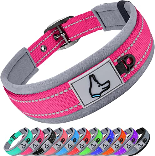 Joytale Halsband Hund, Weich Hundehalsband Gepolstert Neopren Hunde Halsband für Große Hunde, Nylon Reflektierend Breit Halsbänder, Leuchtend Rosa