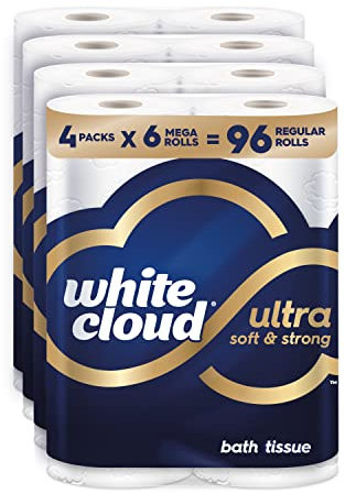 White Cloud Papier toilette ultra doux et résistant, 4 paquets de 6 méga rouleaux = 96 rouleaux ordinaires