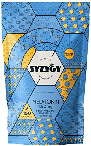 SYZYGY FOOD - 150 Cápsulas Melatonina 1,90mg - +5 Meses - con 5HTP, Magnesio, Valeriana, Vitamina B6 - Pastillas para Dormir Bien, Reducir Estrés, Aumentar Serotonina - Fabricado en España