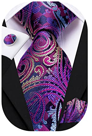 Hi-Tie Herren Krawatte Schwarz Paisley/Plaid/Streifen/Einfarbig Krawatten Set Einstecktuch Manschettenknöpfe Business Formal Hochzeit Meeting Geschenkbox,stilvolles lila Paisley