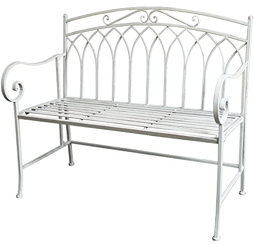 GlamHaus Metal Garden Bench, Patio Seat Furniture, Foldable Antique White, Beautiful Shabby Chic, Handmade Vintage (Verisa Antique White)