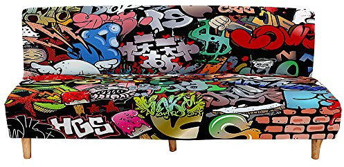 DOTBUY-SHOP Housse de Canape Clic Clac Extensible Housse de Canapé-lit Housse de Canapé sans Bras, 3D Hip hop Graffiti Impression Spandex Universel Antidérapante Housse de Futon (Rouge,Medium)