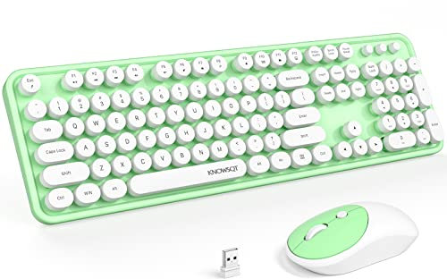 KNOWSQT Ensemble clavier et souris sans fil – Blanc et vert pleine grandeur 2,4 GHz 104 touches pour machine à écrire mignon clavier rond et souris optique pour Windows, ordinateur, PC, ordinateur