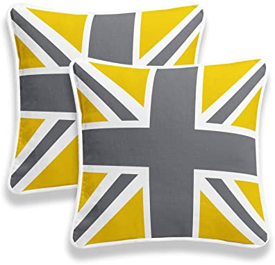 CHILIMILII Set of 2 Union Jack British Flag vintage Style Cushion Covers, 100% Cotton Square Decorative Cushion Cover/Pillowcase, sofa case,18x18 Inch (45x45CM), for sofa, couch, bed (Mustard & Grey)