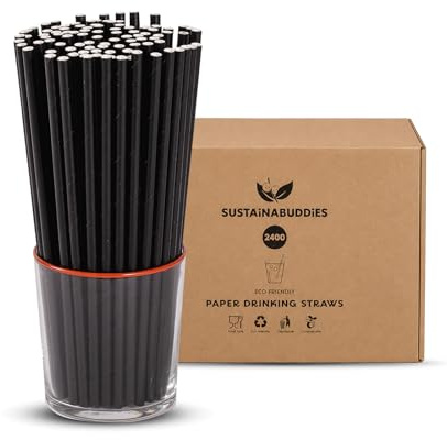 SustainaBuddies 2400 Black Paper Drinking Straws | Bulk Trade Pack | 16cm | FSC Certified, Compostable & Food Safe | Bars, Restaurants & Events