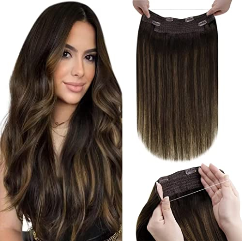 LaaVoo Balayage Wire Extensions Echthaar mit Unsichtbarem Draht Ombre Braun Invisible Secret Wire Extension Remy Dunkelbraun Balayage Hellbraun Flip in Extensions Echthaar 45cm 80 Gramm #2/8/2