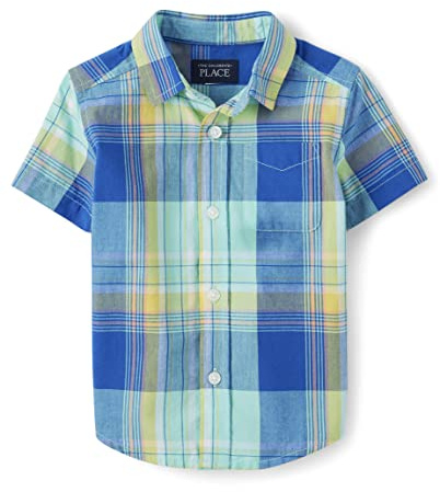 The Children's Place Boys' Short Sleeve Button Down Shirt, Waterfall Plaid, XX-Large