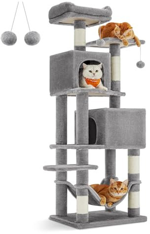 Feandrea Árbol para gatos, torre para gatos de interior, condominio de felpa de varios niveles con 5 postes rascadores, 2 posaderas, 2 cuevas, hamaca, 2 pompones, gris claro UPCT192W01