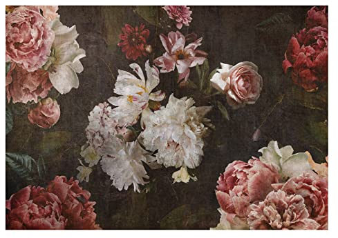 Fototapete Blumen Vintage Retro Pfingstrosen Rosen Schwarz - inkl. Kleister - für Wohnzimmer Schlafzimmer Flur Vlies Tapete Vliestapete Wandtapete Motivtapeten Montagefertig (208x146 cm)