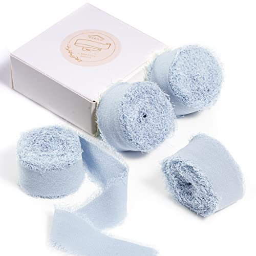 FAKILO Handmade Fringe Chiffon Ribbon 4 Rolls 1'' X 5 Yd Light Blue Ribbon, 20 Yd Chiffon Silk Ribbon for Wedding Invitations, Bridal Bouquets, Gifts Wrapping, DIY Crafts