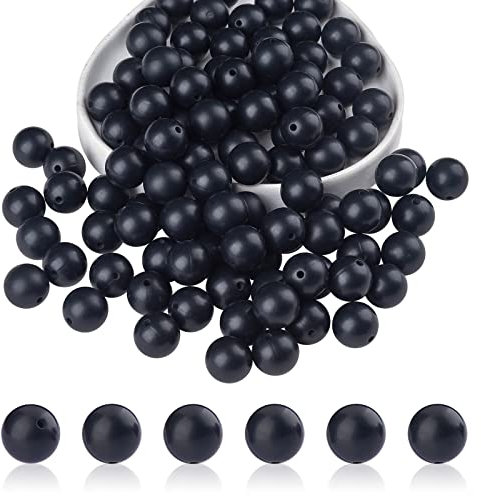 BEEFLYING 100 Pieces Silicone Beads 15mm Round Rubber Focal Bead Loose Spacer Beads for Keychain Making, Pen Bracelet Necklace Jewelry DIY Craft (Black)