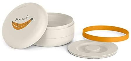 Suavinex, Bento Box, Set Platos Combinables Para Comer Fuera de Casa. Capacidad 2 Comidas. Apto Para Microondas y Lavavajillas. Para Bebés +4 Meses, Diseño Plátano, Color Gris