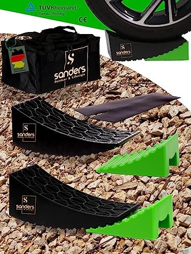 SANDERS Auffahrkeile - [2er Set] robuste Auffahrkeile für Wohnmobil, Wohnwagen | Sicheres & Stufenfreies Nivellieren [<13,5t] Unterlegkeile [individuell kürzbar] - inkl. Antirutschmatten (grün)