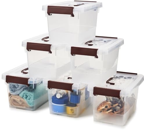 EZOWARE 5L Clear Latch Storage Bins with Lid, Set of 6 Stackable Plastic Portable Tote Containers W/Top Handle, Box Organiser for Household, Kitchen, and Bathroom, 25x17x14cm