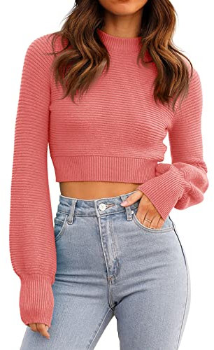 GeGekoko - Maglione da donna lavorato a maglia sexy, corto, girocollo, a maniche lunghe, elegante, Rosa, L