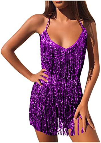 Zweiteilige Outfits Damen Fransen Pailletten Tank Crop Top Sexy Mini Quaste Rock Tanzkleid Nacht Ausgehen Clubwear, violett, One size